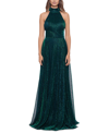 Betsy & Adam Metallic Sleeveless Halter Neck Open Back Gown In Jade