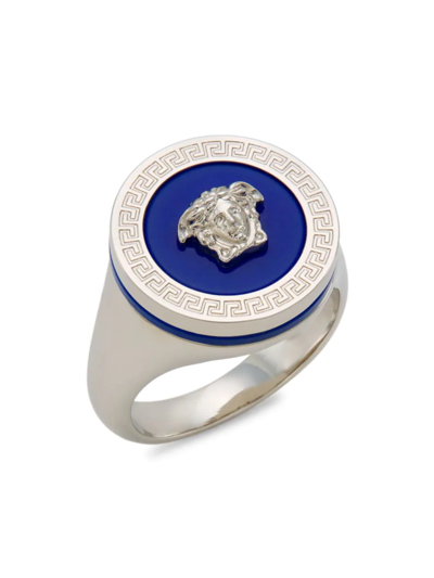 Versace Enamel Medusa Ring, Male, Blue+silver, 7 Mm In Palladium-royal Blue