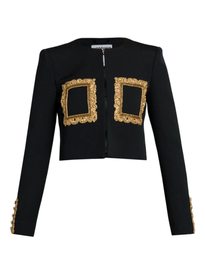 Moschino Cropped Embroidered Wool Jacket In Fantasy Print Black