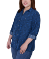 Ny Collection Plus Size 3/4 Sleeve Roll Tab Notch Collar Blouse Top In Black Dot Scroll Circle