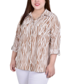 Ny Collection Plus Size 3/4 Sleeve Roll Tab Notch Collar Blouse Top In Praline White Animal