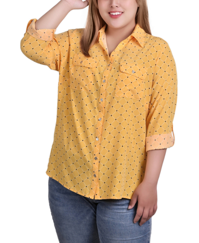 Ny Collection Plus Size 3/4 Sleeve Roll Tab Notch Collar Blouse Top In White Diamond Plaid
