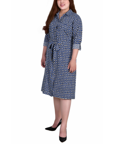 Ny Collection Plus Size Printed Shirt Dress In Blue Multi Geometric