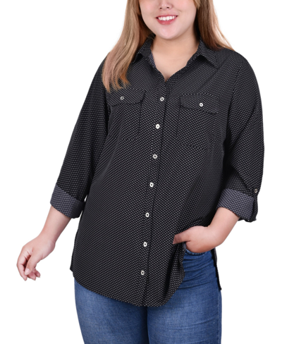 Ny Collection Plus Size 3/4 Sleeve Roll Tab Notch Collar Blouse In Black,white Taranto Dot