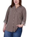 Ny Collection Plus Size 3/4 Sleeve Roll Tab Notch Collar Blouse Top In Coffee Bean