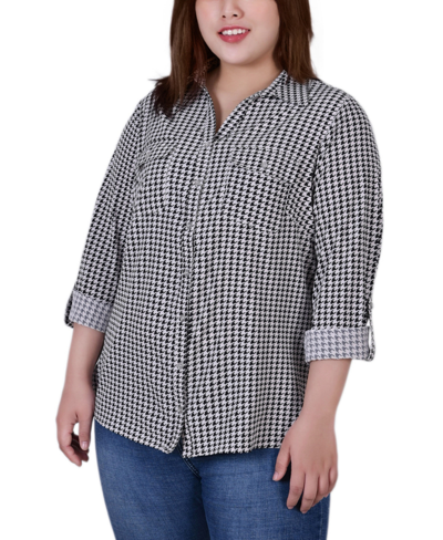 Ny Collection Plus Size 3/4 Sleeve Roll Tab Notch Collar Blouse Top In Black,white New Iconic