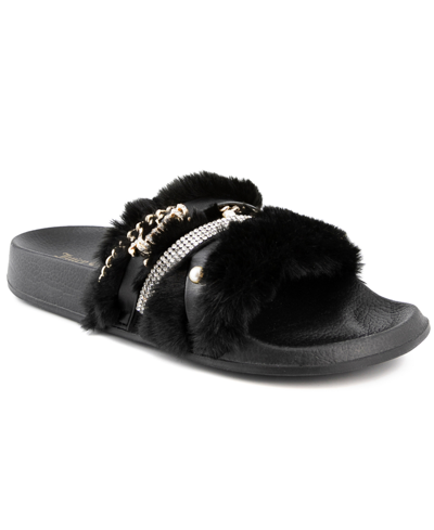 Juicy Couture Women's Styx Faux Fur Slide Sandals In Black