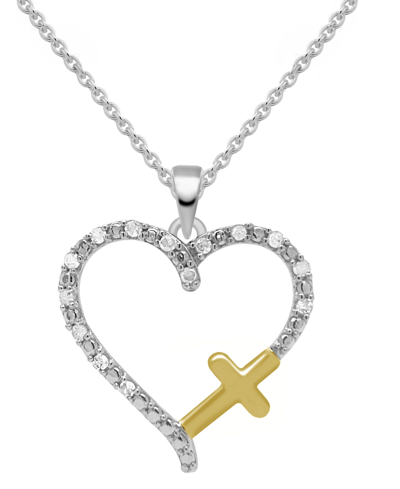 Macy's Diamond Heart & Cross 18" Pendant Necklace (1/10 Ct. T.w.) In Sterling Silver Or Sterling Silver & 1 In Sterling Silver  Gold-plate