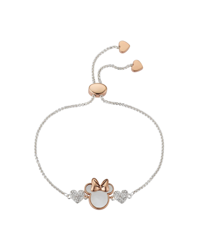Disney Two-tone Rose Gold Flash-plated Crystal And Imitation Mother Of Pearl Minnie Mouse Adjustable Bolo B In Silver