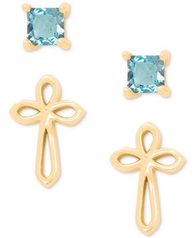 Macy's 2-pc. Set Blue Topaz Solitaire (3/8 Ct. T.w.) & Cross Stud Earrings In 14k Gold-plated Sterling Silv