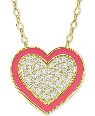 Giani Bernini Cubic Zirconia & Enamel Heart Pendant Necklace, 16" + 2" Extender, Created For Macy's In Gold Over Silver