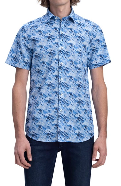 Bugatchi Orson Shaped Fit Watercolor Short Sleeve Linen Button-up Shirt In Classic Blue