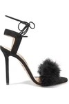 CHARLOTTE OLYMPIA SALSA FEATHER-EMBELLISHED SUEDE SANDALS