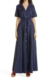 Staud Millie Belted Maxi Shirt Dress In Navy