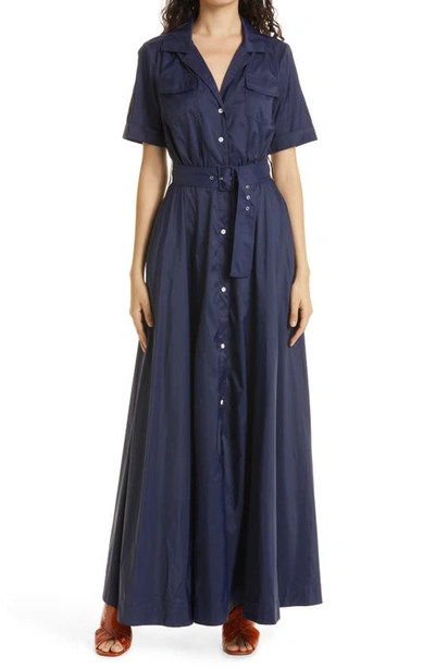 Staud Millie Belted Maxi Shirt Dress In Navy