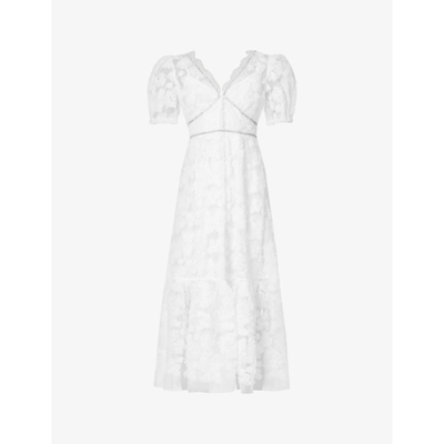 Self-portrait V-neck Puff-sleeved Woven Lace Midi Dress In White