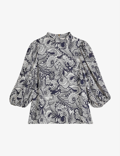 Ted Baker Johsiie Stand Collar Balloon Sleeve Top In White