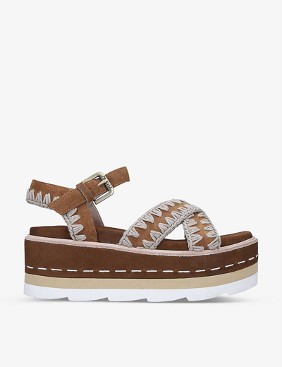 Mou Bio Criss-cross Suede Platform Sandals In Tan Comb