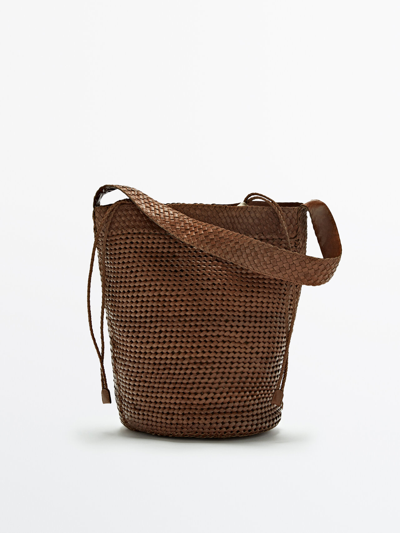 Massimo Dutti Woven Shoulder Bag + Linen Inner Bag (large) In Khaki