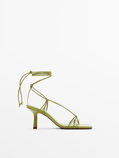 Massimo Dutti Heeled Leather Strappy Sandals In Green
