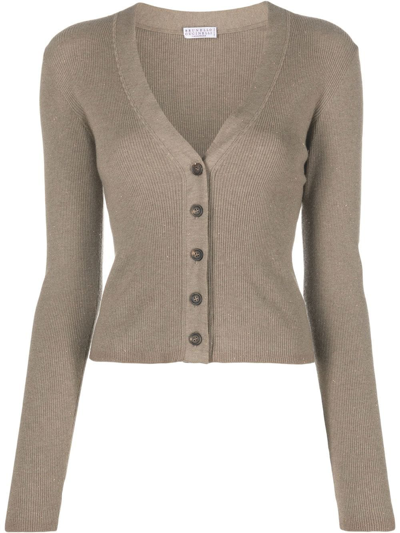 Brunello Cucinelli Ribbed-knit V-neck Cardigan In Tobbaco Brown