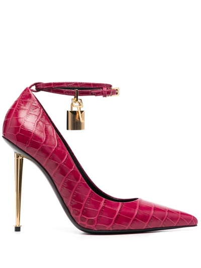 Tom Ford 105mm Padlock Croc Embossed Leather Pump In Raspberry