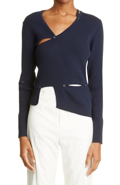 Jacquemus Le Cardigan Tordu Ribbed Cutout Sweater In Light Blue