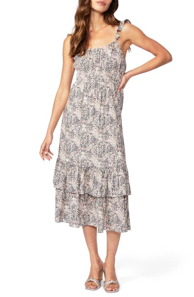 Paige Gisella Abstract Printed Pleated Tiered Midi Dress In Ecru Multi
