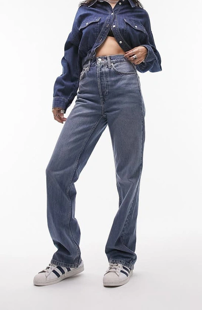 Topshop Kort High Waist Wide Leg Jeans In Mid Blue