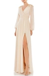 Mac Duggal Puff Sleeve Chiffon Gown In Porcelain