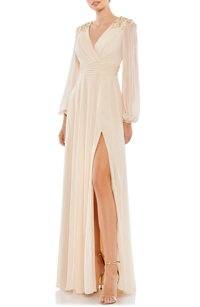 Mac Duggal Puff Sleeve Chiffon Gown In Porcelain