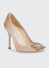 Manolo Blahnik Hangisi 90 Satin Pumps With Fmc Crystal Buckle In Flesh