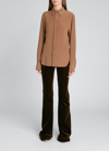 Saint Laurent Button-down Chemise Silk Top In Brown