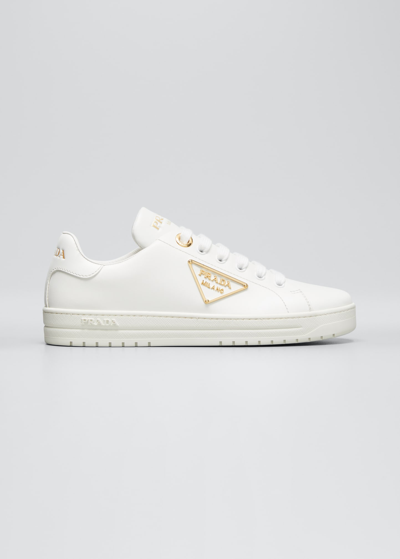 Prada Downtown Leather Tonal Sneakers With Metal Logo In Bianco