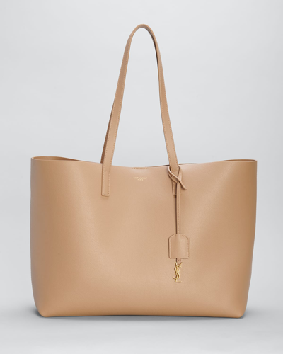 Saint Laurent East West Calfskin Shopping Tote Bag In Dark Toffee