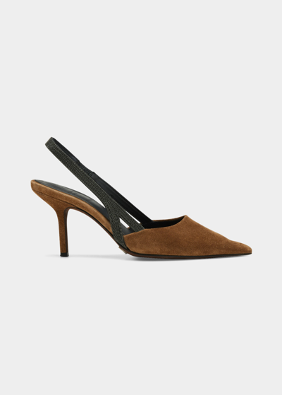 Brunello Cucinelli Suede Monili Slingback Pumps In Brown