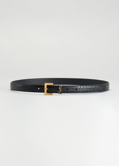 Saint Laurent Ysl Monogram Leather Belt In Cream/bronze
