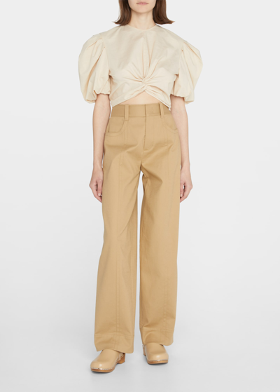 Vince Twist-knot Puff-sleeve Blouse In Pale Fawn