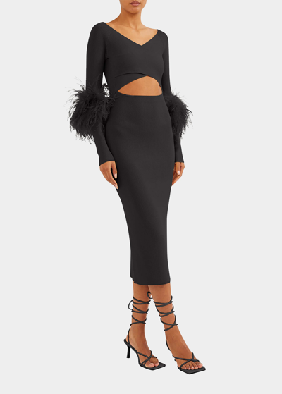 Lapointe Criss-cross Cutout Midi Dress W/ Feather Trim In Black