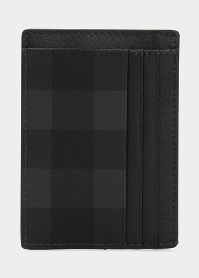 Burberry Men's Sandon Check And Leather Card Case In Charcoal