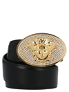 VERSACE MENS BLACK/MULTI EMBELLISHED MEDUSA BUCKLE LEATHER BELT, BRAND SIZE 95 CM