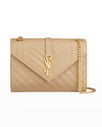 Saint Laurent Medium Tri-quilted Matelasse Grain De Poudre Flap Shoulder Bag, Golden Hardware