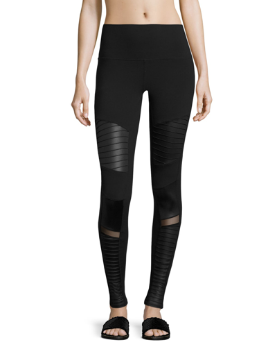 Alo Yoga Moto Mesh-trimmed Stretch Leggings In Black/black Glossy