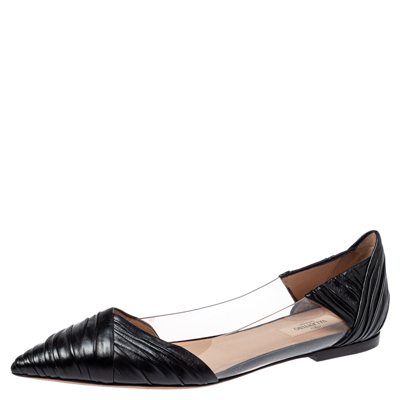 Pre-owned Valentino Garavani Black Leather And Pvc B Drape Pointed Toe Ballet Flats Size 40.5