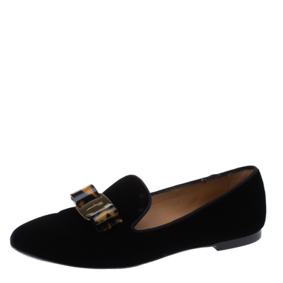 Pre-owned Ferragamo Black Velvet Bow Detail Smoking Slippers Size 37.5