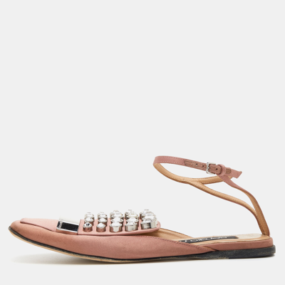Pre-owned Sergio Rossi Old Rose Satin Crystal Embellished Ankle Strap Flats Size 36 In Pink
