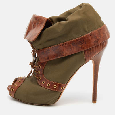 Pre-owned Alexander Mcqueen Khaki Green/brown Canvas And Leather Faithful Peep Toe Boots Size 40