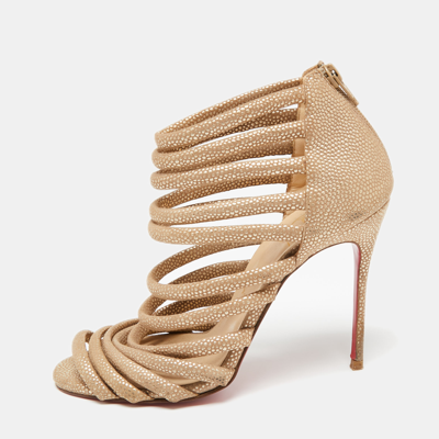 Pre-owned Christian Louboutin Gold/brown Textured Suede Open-toe Strappy Sandals Size 37