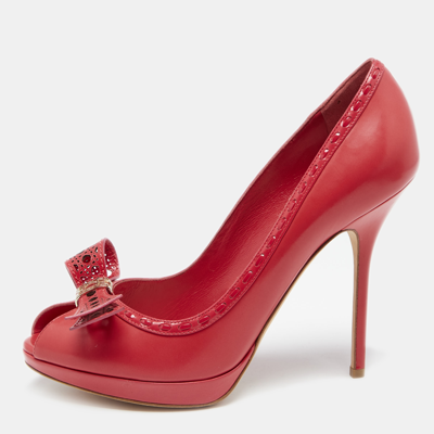 Pre-owned Dior Imperial Red Cannage Leather Peep Toe Bow Detail Platform Pumps Size 40.5