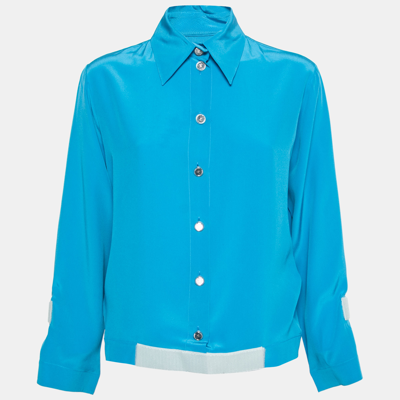 Pre-owned Chanel Blue Silk Velcro Trimmed Button Front Blouse S